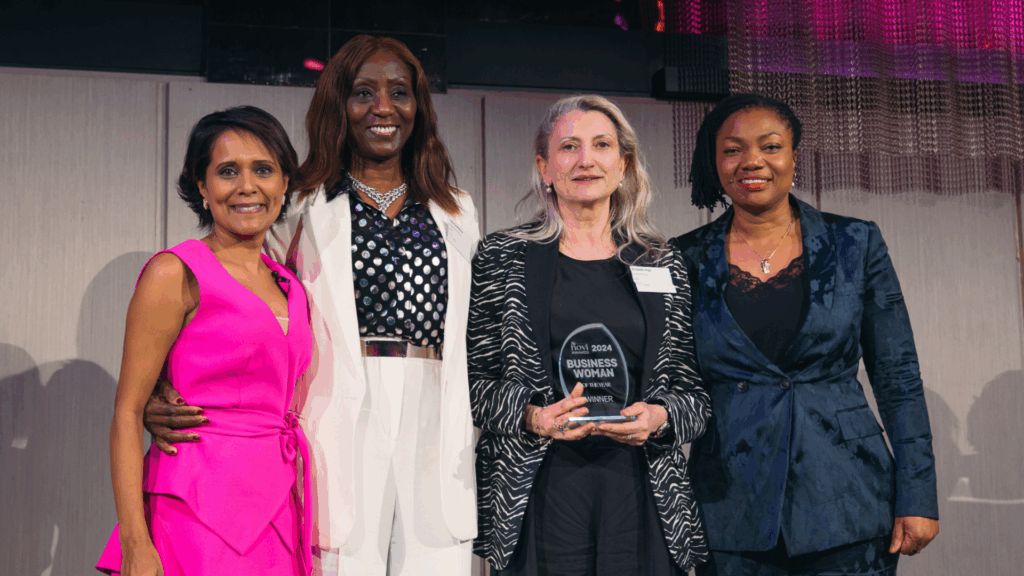 2024 Novi Businesswomen of year winner & Group CEO of Informed Solutions, Elizabeth Vega poses with her award with Arti Halai (2024 Novi Awards Host) Lara Oyesanya (2018 Novi Businesswoman of the Year) & Griselda Togobo (CEO, Novi Awards)